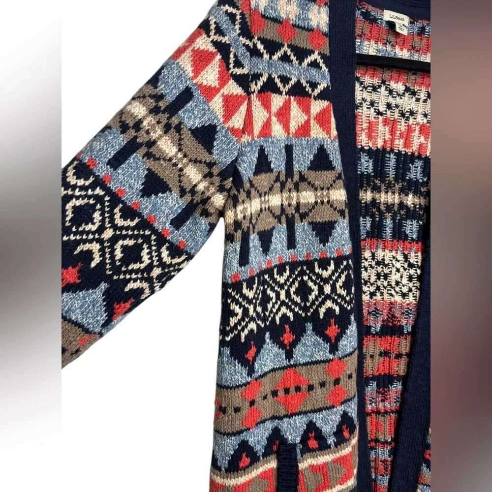 L.L.Bean Open Front Knit Abstract Long Cardigan Cotton Size Medium - Picture 2 of 11